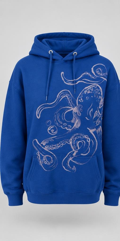 Cobalt blue Pullover hoodie with hand-painted bleach artwork